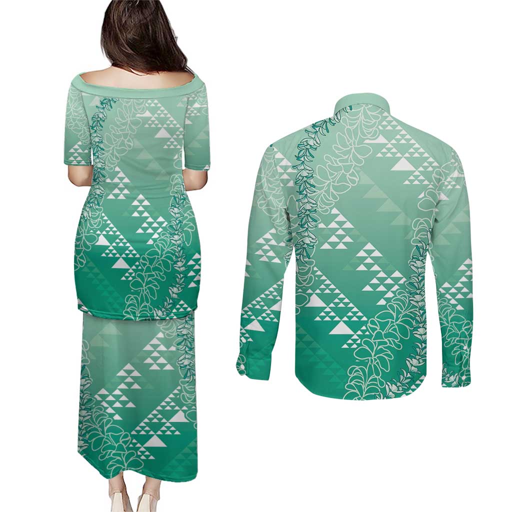 Hawaii Jade Green Kapa Couples Matching Puletasi and Long Sleeve Button Shirt Vintage 'Ohe Kāpala Motifs Mix Plumeria Leis