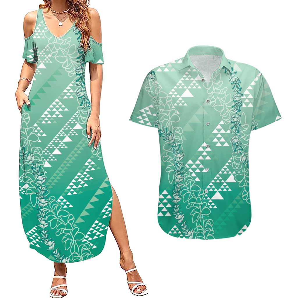 Hawaii Jade Green Kapa Couples Matching Summer Maxi Dress and Hawaiian Shirt Vintage 'Ohe Kāpala Motifs Mix Plumeria Leis LT7 Jade Green - Polynesian Pride