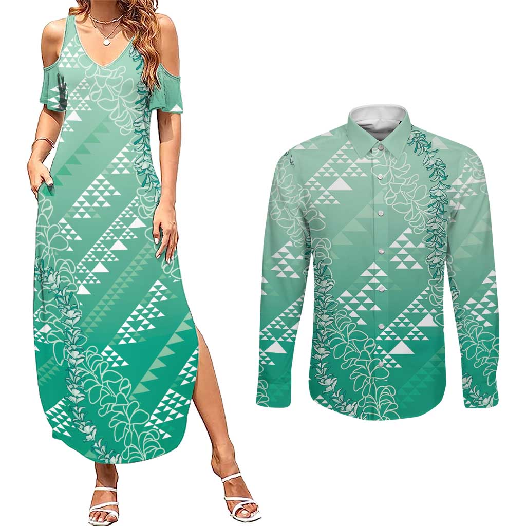 Hawaii Jade Green Kapa Couples Matching Summer Maxi Dress and Long Sleeve Button Shirt Vintage 'Ohe Kāpala Motifs Mix Plumeria Leis