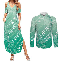 Hawaii Jade Green Kapa Couples Matching Summer Maxi Dress and Long Sleeve Button Shirt Vintage 'Ohe Kāpala Motifs Mix Plumeria Leis
