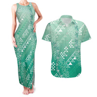Hawaii Jade Green Kapa Couples Matching Tank Maxi Dress and Hawaiian Shirt Vintage 'Ohe Kāpala Motifs Mix Plumeria Leis LT7 Jade Green - Polynesian Pride