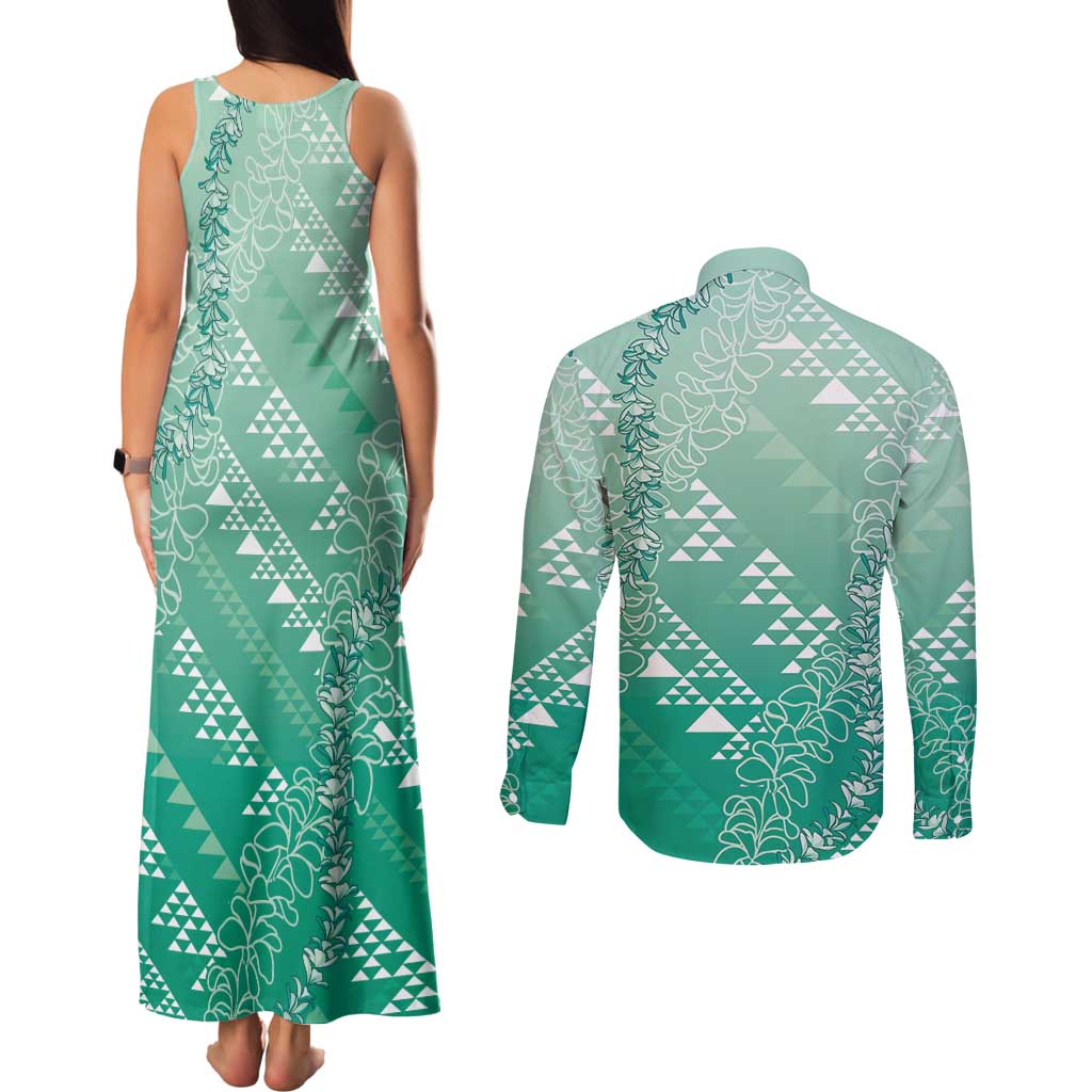 Hawaii Jade Green Kapa Couples Matching Tank Maxi Dress and Long Sleeve Button Shirt Vintage 'Ohe Kāpala Motifs Mix Plumeria Leis