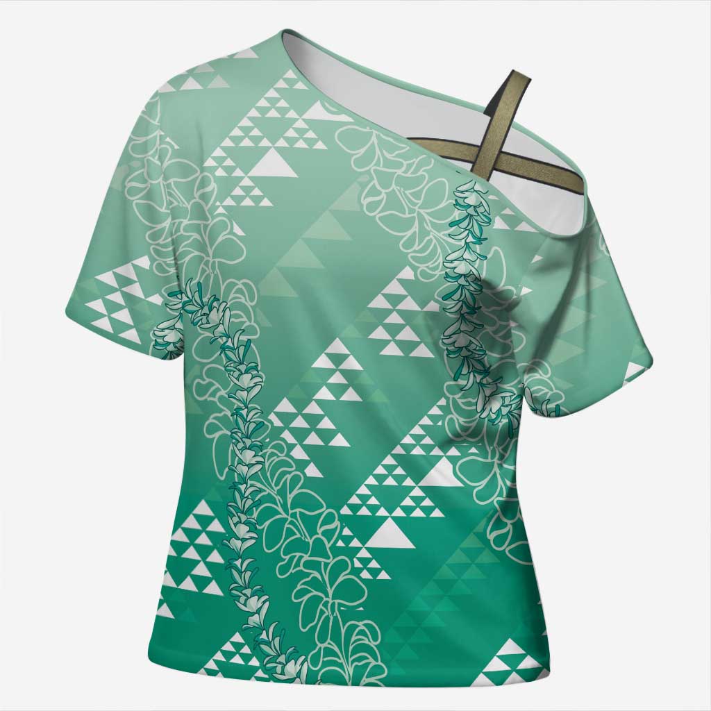 Hawaii Jade Green Kapa Cross Shoulder Shirt Vintage 'Ohe Kāpala Motifs Mix Plumeria Leis LT7 Female Jade Green - Polynesian Pride
