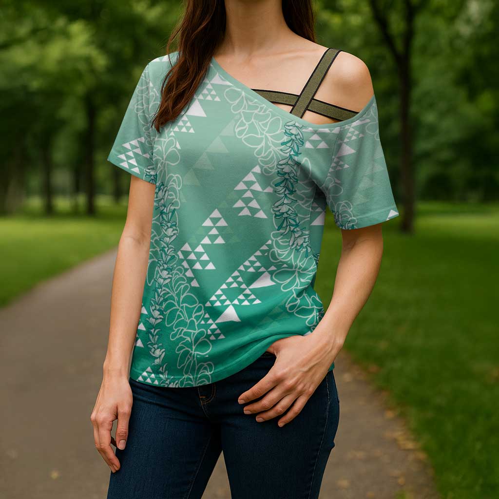 Hawaii Jade Green Kapa Cross Shoulder Shirt Vintage 'Ohe Kāpala Motifs Mix Plumeria Leis LT7 - Polynesian Pride