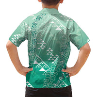 Hawaii Jade Green Kapa Family Matching Off The Shoulder Long Sleeve Dress and Hawaiian Shirt Vintage 'Ohe Kāpala Motifs Mix Plumeria Leis LT7 - Polynesian Pride