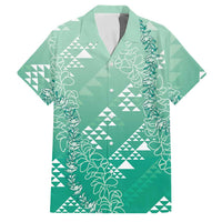 Hawaii Jade Green Kapa Family Matching Off The Shoulder Long Sleeve Dress and Hawaiian Shirt Vintage 'Ohe Kāpala Motifs Mix Plumeria Leis LT7 Dad's Shirt - Short Sleeve Jade Green - Polynesian Pride