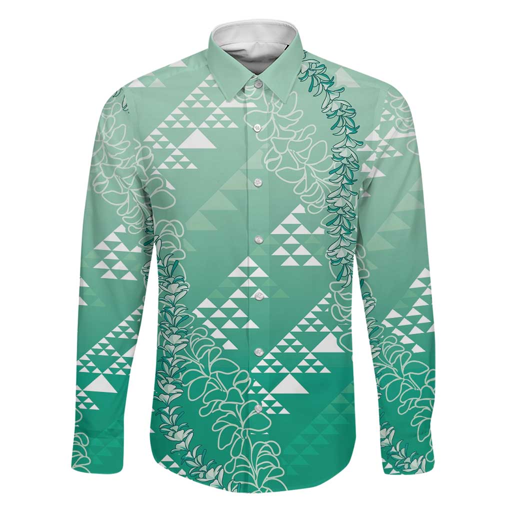Hawaii Jade Green Kapa Family Matching Off Shoulder Maxi Dress and Hawaiian Shirt Vintage 'Ohe Kāpala Motifs Mix Plumeria Leis LT7 Dad's Shirt - Long Sleeve Jade Green - Polynesian Pride