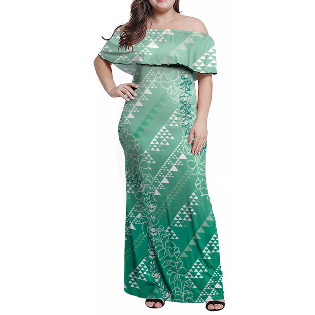 Hawaii Jade Green Kapa Family Matching Off Shoulder Maxi Dress and Hawaiian Shirt Vintage 'Ohe Kāpala Motifs Mix Plumeria Leis LT7 Mom's Dress Jade Green - Polynesian Pride