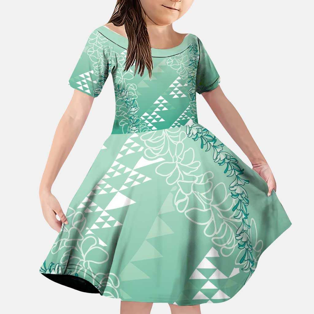 Hawaii Jade Green Kapa Family Matching Puletasi and Hawaiian Shirt Vintage 'Ohe Kāpala Motifs Mix Plumeria Leis LT7 Daughter's Dress Jade Green - Polynesian Pride