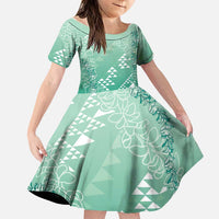 Hawaii Jade Green Kapa Family Matching Short Sleeve Bodycon Dress and Hawaiian Shirt Vintage 'Ohe Kāpala Motifs Mix Plumeria Leis LT7 Daughter's Dress Jade Green - Polynesian Pride