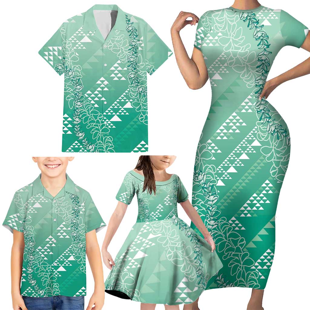 Hawaii Jade Green Kapa Family Matching Short Sleeve Bodycon Dress and Hawaiian Shirt Vintage 'Ohe Kāpala Motifs Mix Plumeria Leis