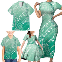 Hawaii Jade Green Kapa Family Matching Short Sleeve Bodycon Dress and Hawaiian Shirt Vintage 'Ohe Kāpala Motifs Mix Plumeria Leis LT7 - Polynesian Pride