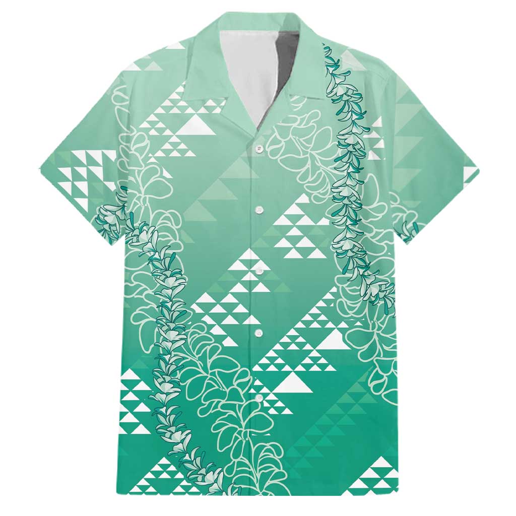 Hawaii Jade Green Kapa Family Matching Short Sleeve Bodycon Dress and Hawaiian Shirt Vintage 'Ohe Kāpala Motifs Mix Plumeria Leis LT7 Dad's Shirt - Short Sleeve Jade Green - Polynesian Pride