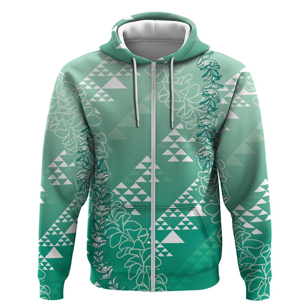 Hawaii Jade Green Kapa Hoodie Vintage 'Ohe Kāpala Motifs Mix Plumeria Leis LT7 Zip Hoodie Jade Green - Polynesian Pride