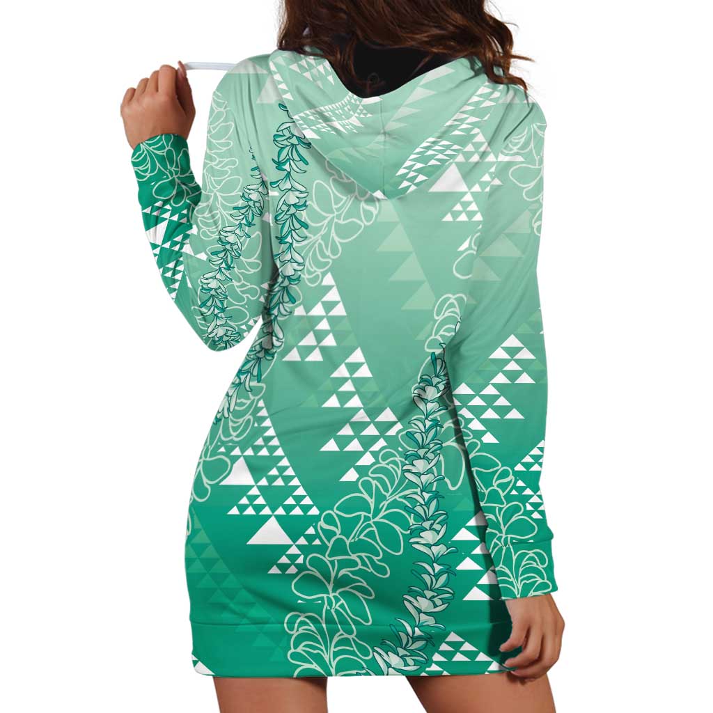 Hawaii Jade Green Kapa Hoodie Dress Vintage 'Ohe Kāpala Motifs Mix Plumeria Leis LT7 - Polynesian Pride