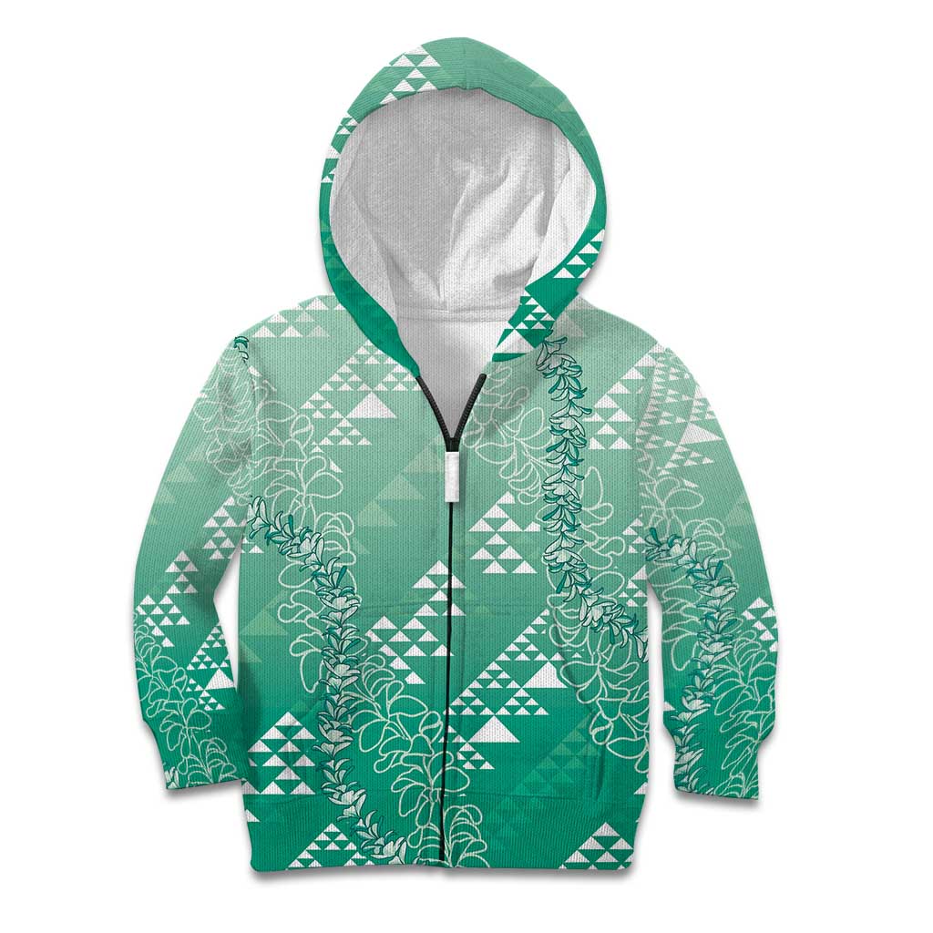 Hawaii Jade Green Kapa Kid Hoodie Vintage 'Ohe Kāpala Motifs Mix Plumeria Leis LT7 Zip Hoodie Jade Green - Polynesian Pride