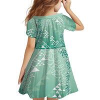 Hawaii Jade Green Kapa Kid Short Sleeve Dress Vintage 'Ohe Kāpala Motifs Mix Plumeria Leis