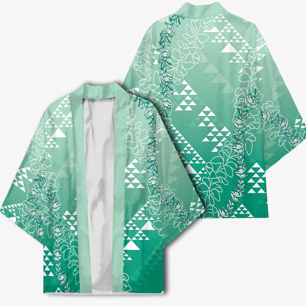 Hawaii Jade Green Kapa Kimono Vintage 'Ohe Kāpala Motifs Mix Plumeria Leis LT7 - Polynesian Pride