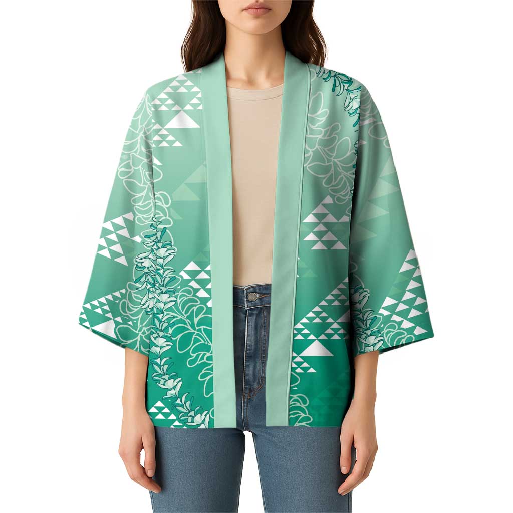 Hawaii Jade Green Kapa Kimono Vintage 'Ohe Kāpala Motifs Mix Plumeria Leis LT7 - Polynesian Pride
