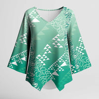 Hawaii Jade Green Kapa Kimono Sleeve Blouse Vintage 'Ohe Kāpala Motifs Mix Plumeria Leis LT7 Female Jade Green - Polynesian Pride