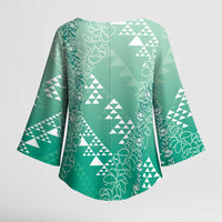 Hawaii Jade Green Kapa Kimono Sleeve Blouse Vintage 'Ohe Kāpala Motifs Mix Plumeria Leis LT7 - Polynesian Pride
