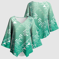 Hawaii Jade Green Kapa Kimono Sleeve Blouse Vintage 'Ohe Kāpala Motifs Mix Plumeria Leis LT7 - Polynesian Pride