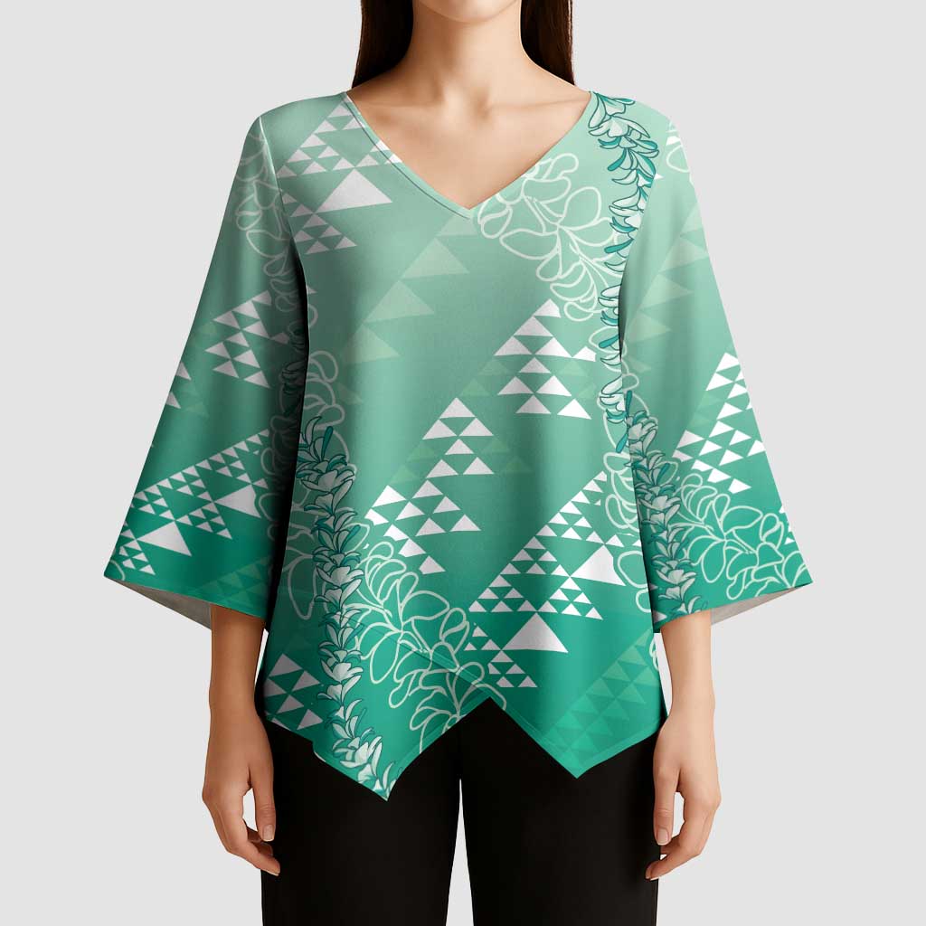 Hawaii Jade Green Kapa Kimono Sleeve Blouse Vintage 'Ohe Kāpala Motifs Mix Plumeria Leis LT7 - Polynesian Pride