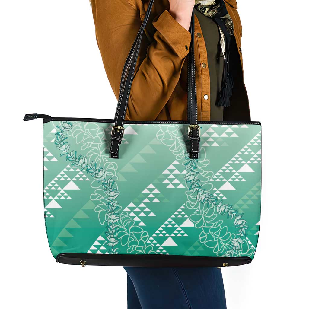 Hawaii Jade Green Kapa Leather Tote Bag Vintage 'Ohe Kāpala Motifs Mix Plumeria Leis LT7 - Polynesian Pride