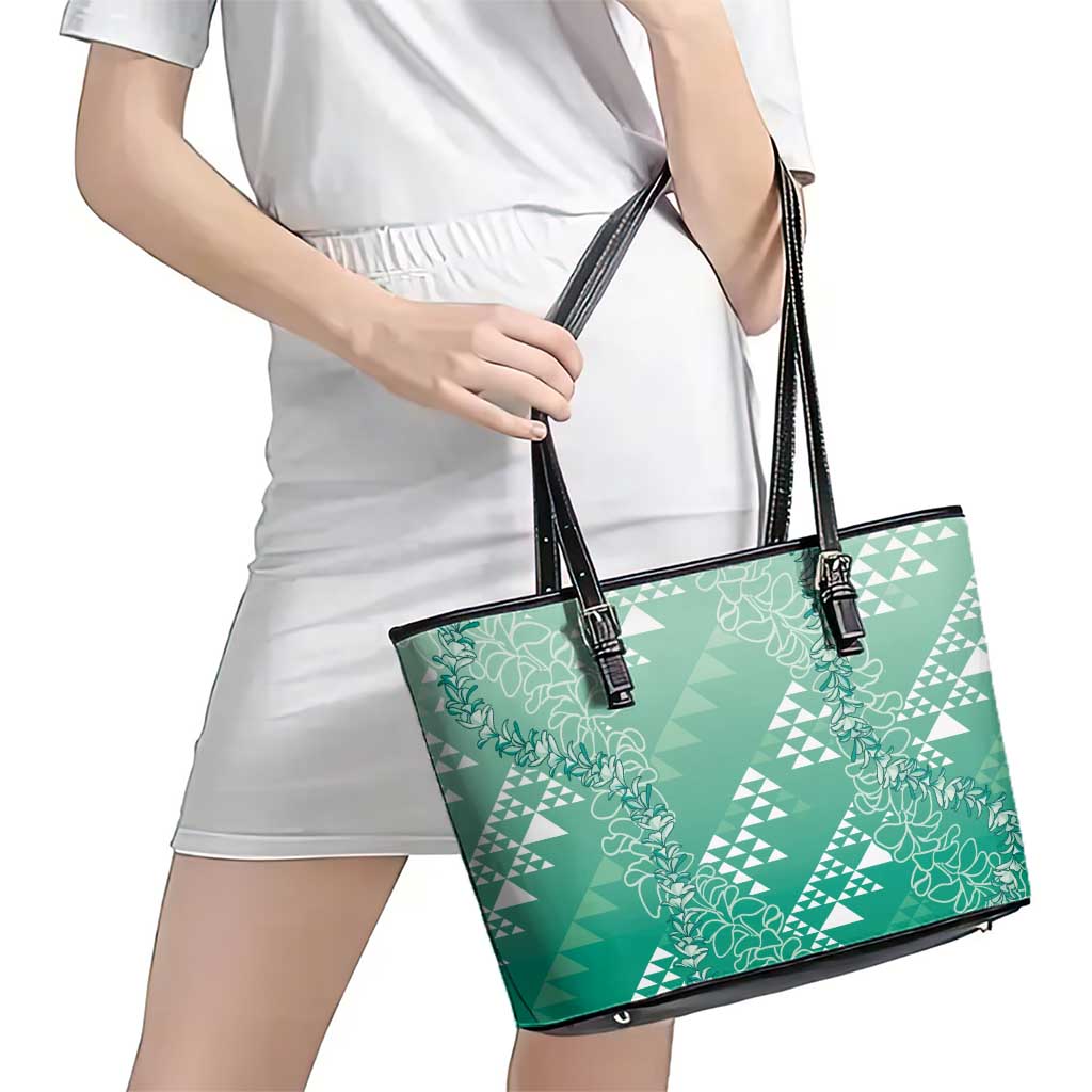 Hawaii Jade Green Kapa Leather Tote Bag Vintage 'Ohe Kāpala Motifs Mix Plumeria Leis LT7 - Polynesian Pride
