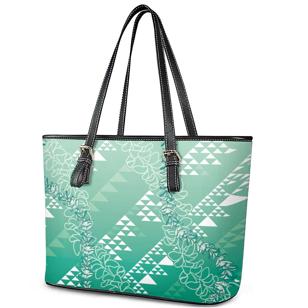 Hawaii Jade Green Kapa Leather Tote Bag Vintage 'Ohe Kāpala Motifs Mix Plumeria Leis LT7 - Polynesian Pride