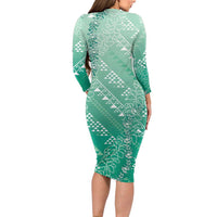 Hawaii Jade Green Kapa Long Sleeve Bodycon Dress Vintage 'Ohe Kāpala Motifs Mix Plumeria Leis