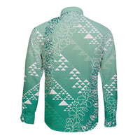 Hawaii Jade Green Kapa Long Sleeve Button Shirt Vintage 'Ohe Kāpala Motifs Mix Plumeria Leis LT7 - Polynesian Pride
