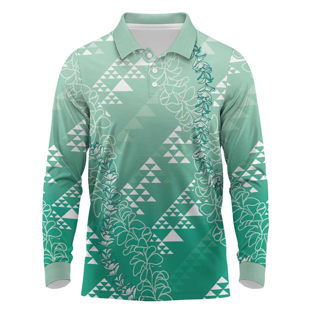 Hawaii Jade Green Kapa Long Sleeve Polo Shirt Vintage 'Ohe Kāpala Motifs Mix Plumeria Leis