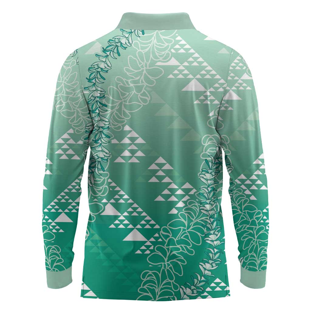 Hawaii Jade Green Kapa Long Sleeve Polo Shirt Vintage 'Ohe Kāpala Motifs Mix Plumeria Leis