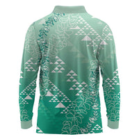 Hawaii Jade Green Kapa Long Sleeve Polo Shirt Vintage 'Ohe Kāpala Motifs Mix Plumeria Leis