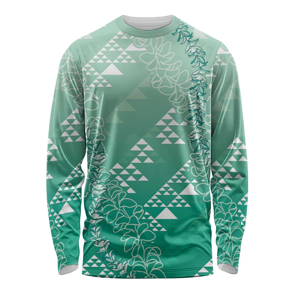 Hawaii Jade Green Kapa Long Sleeve Shirt Vintage 'Ohe Kāpala Motifs Mix Plumeria Leis LT7 Unisex Jade Green - Polynesian Pride