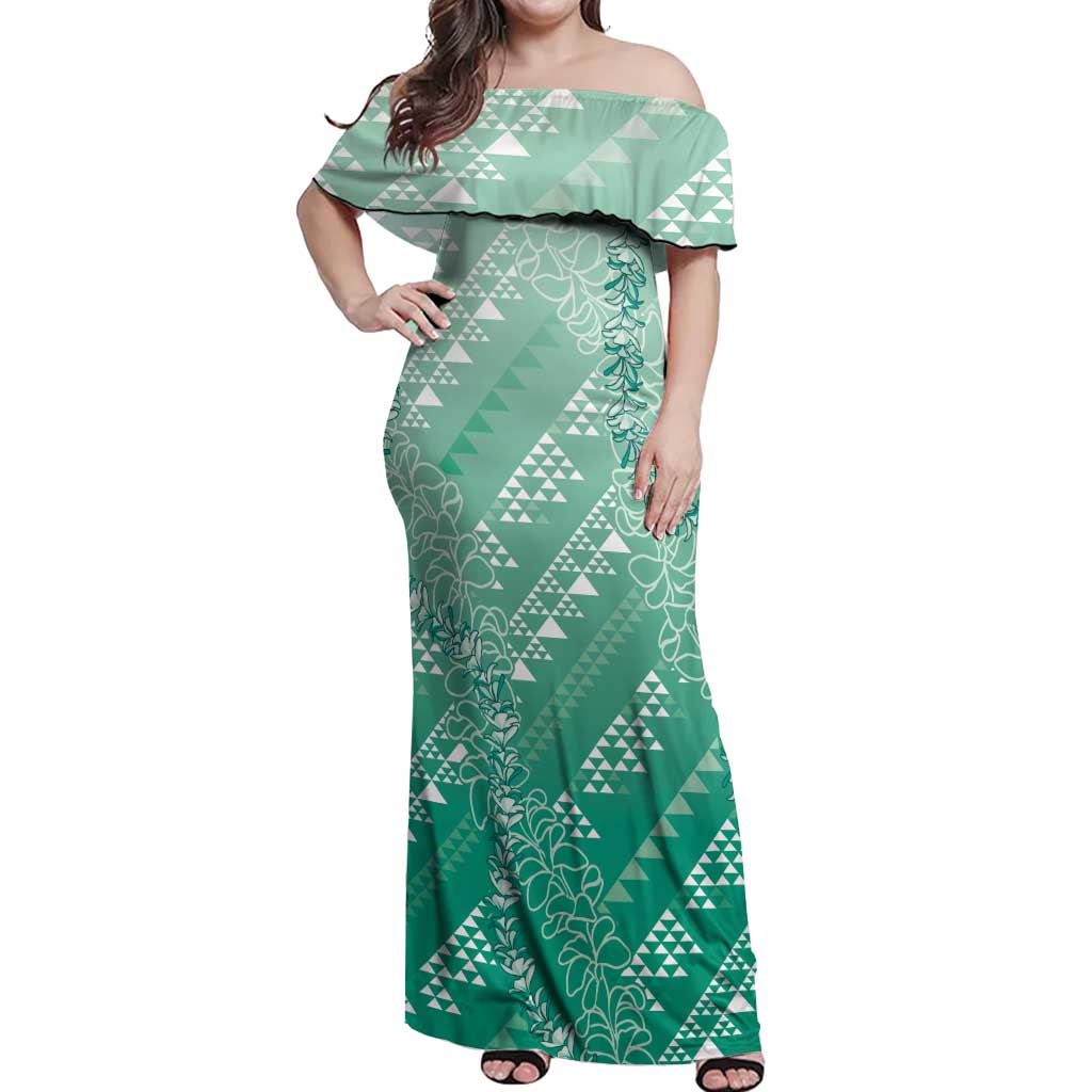 Hawaii Jade Green Kapa Off Shoulder Maxi Dress Vintage 'Ohe Kāpala Motifs Mix Plumeria Leis LT7 Women Jade Green - Polynesian Pride
