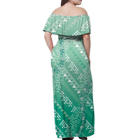 Hawaii Jade Green Kapa Off Shoulder Maxi Dress Vintage 'Ohe Kāpala Motifs Mix Plumeria Leis LT7 - Polynesian Pride