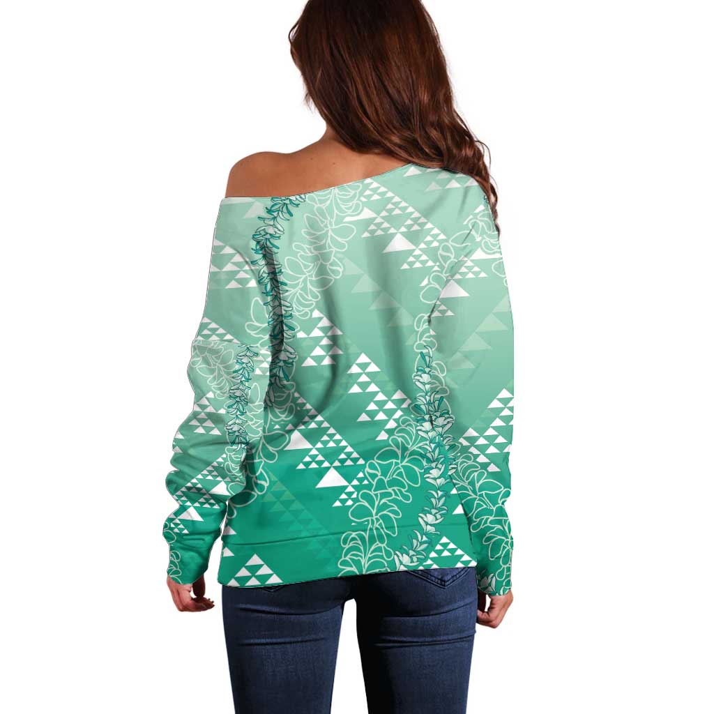 Hawaii Jade Green Kapa Off Shoulder Sweater Vintage 'Ohe Kāpala Motifs Mix Plumeria Leis LT7 - Polynesian Pride
