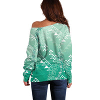 Hawaii Jade Green Kapa Off Shoulder Sweater Vintage 'Ohe Kāpala Motifs Mix Plumeria Leis LT7 - Polynesian Pride