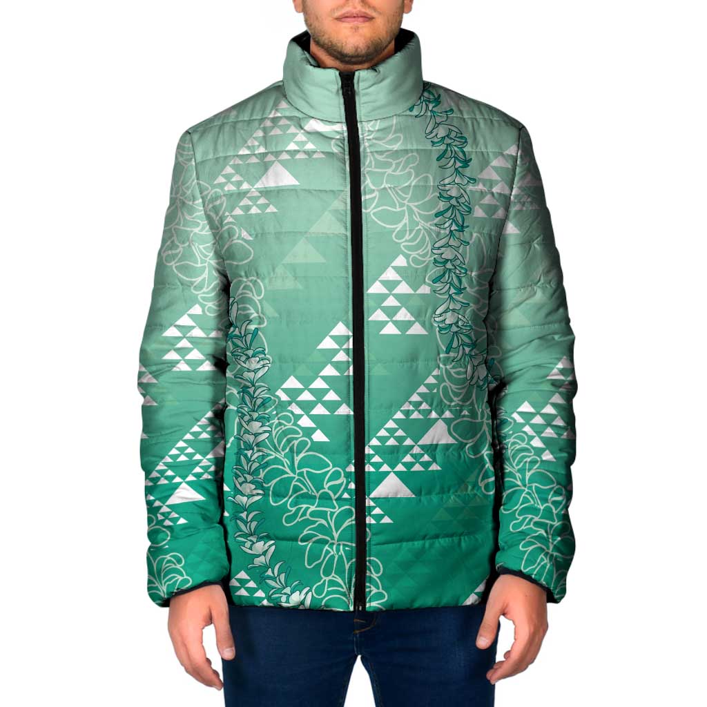 Hawaii Jade Green Kapa Padded Jacket Vintage 'Ohe Kāpala Motifs Mix Plumeria Leis LT7 Men Jade Green - Polynesian Pride