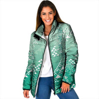 Hawaii Jade Green Kapa Padded Jacket Vintage 'Ohe Kāpala Motifs Mix Plumeria Leis LT7 Women Jade Green - Polynesian Pride