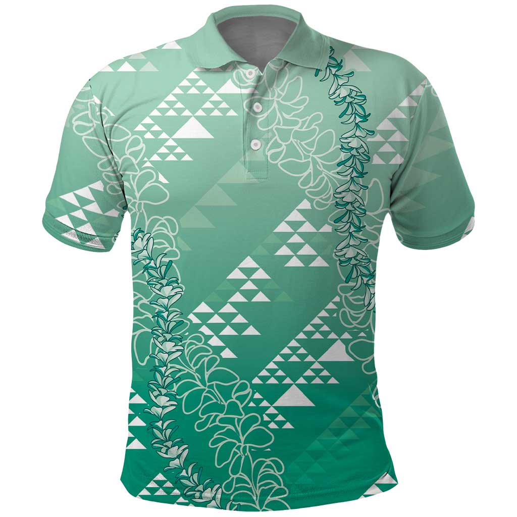 Hawaii Jade Green Kapa Polo Shirt Vintage 'Ohe Kāpala Motifs Mix Plumeria Leis