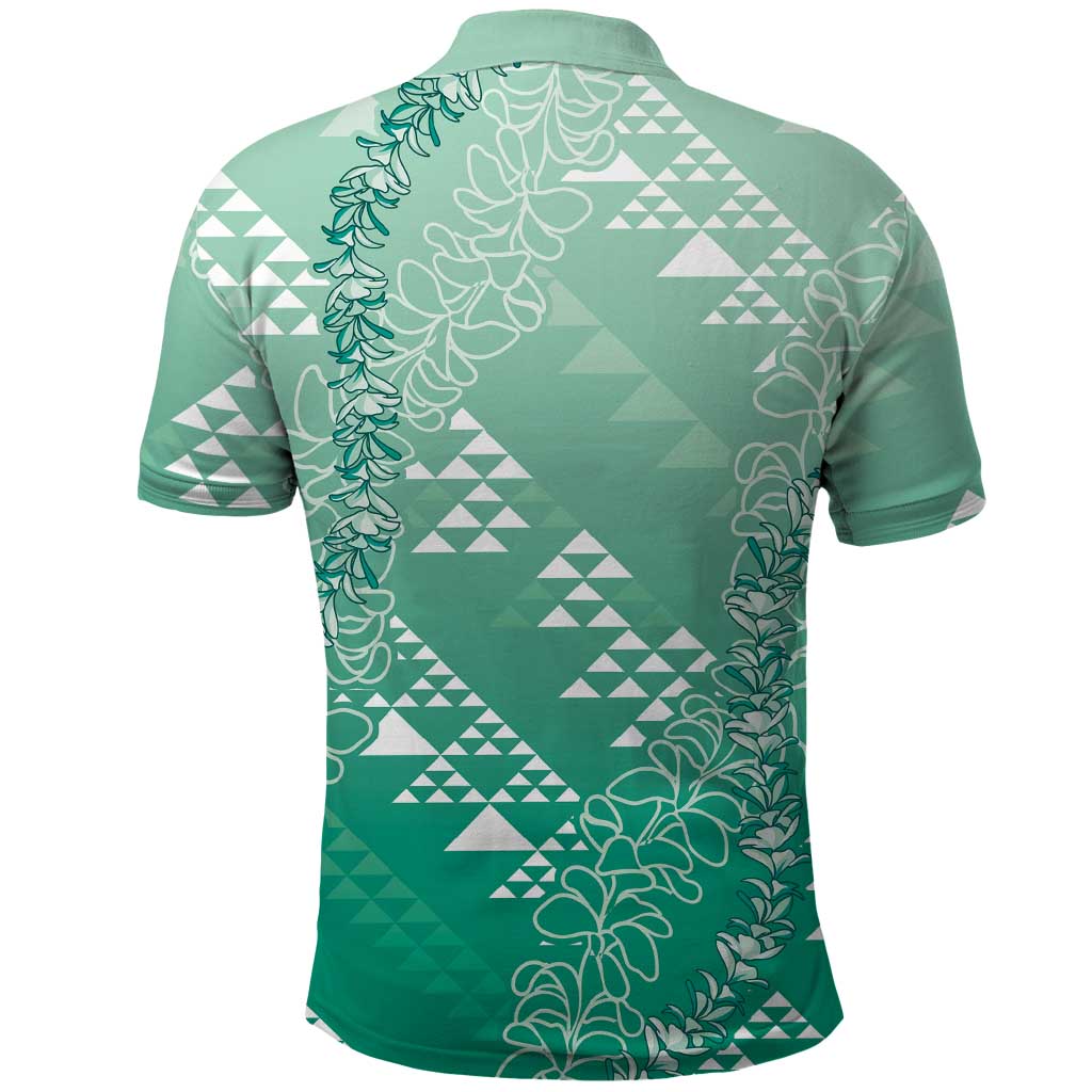 Hawaii Jade Green Kapa Polo Shirt Vintage 'Ohe Kāpala Motifs Mix Plumeria Leis