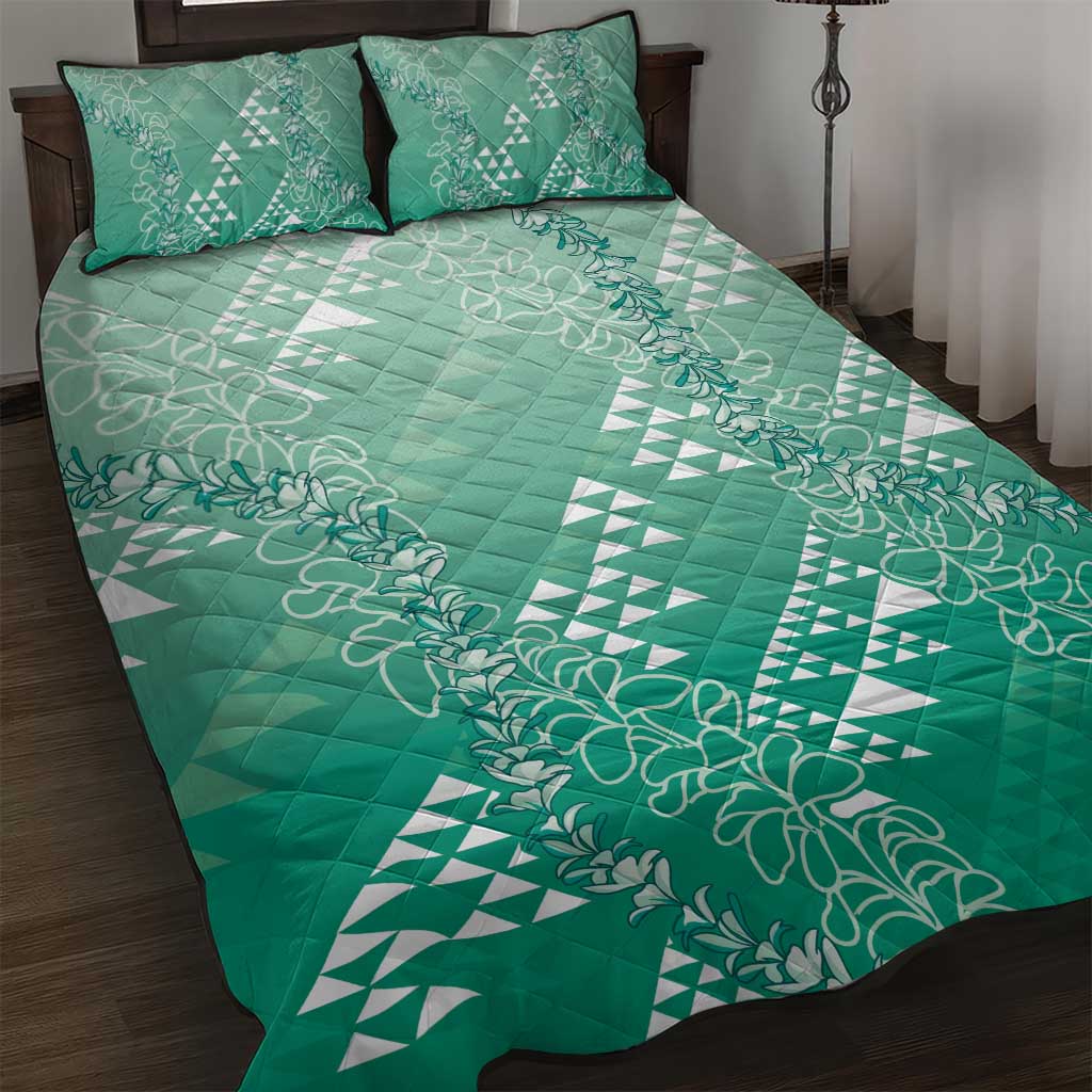 Hawaii Jade Green Kapa Quilt Bed Set Vintage 'Ohe Kāpala Motifs Mix Plumeria Leis