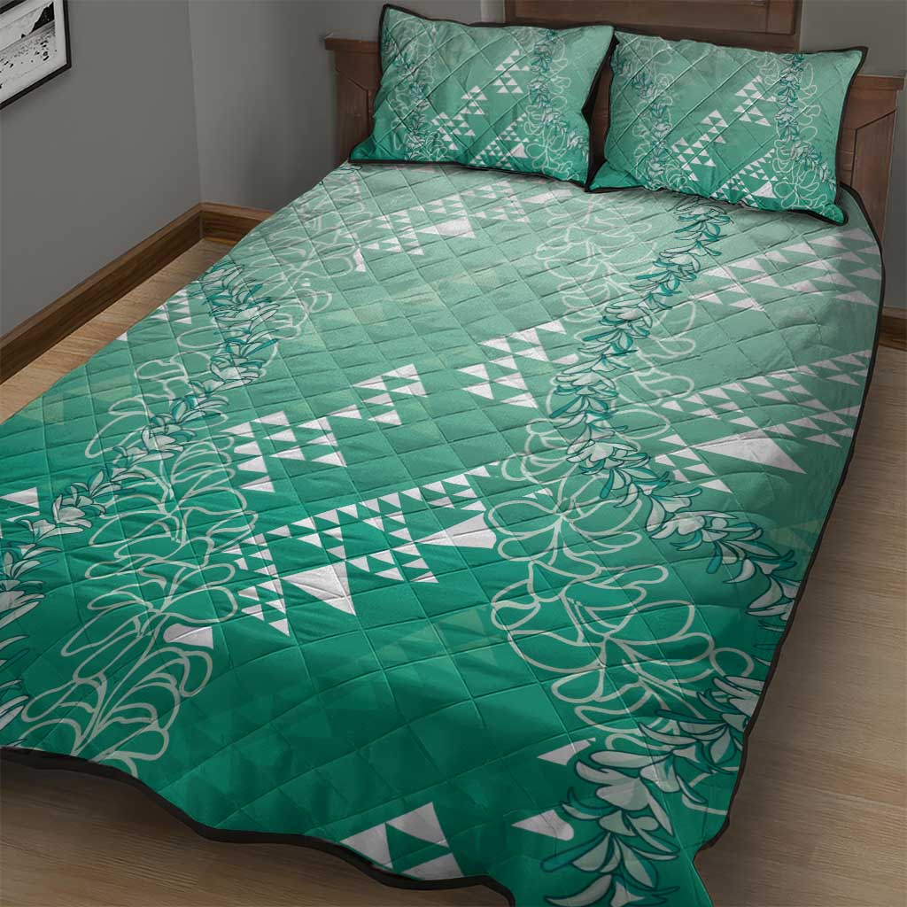 Hawaii Jade Green Kapa Quilt Bed Set Vintage 'Ohe Kāpala Motifs Mix Plumeria Leis LT7 - Polynesian Pride