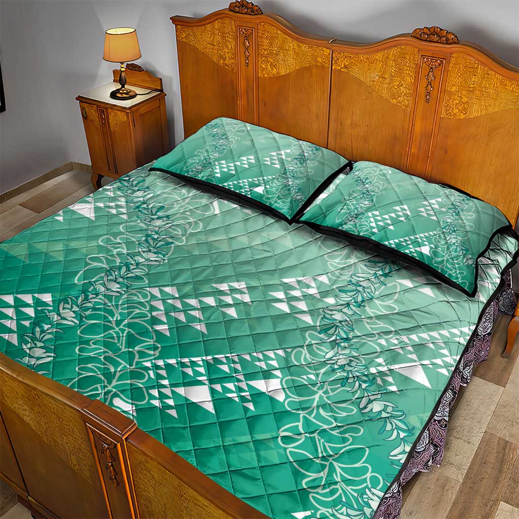 Hawaii Jade Green Kapa Quilt Bed Set Vintage 'Ohe Kāpala Motifs Mix Plumeria Leis LT7 - Polynesian Pride
