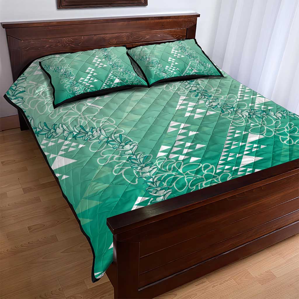 Hawaii Jade Green Kapa Quilt Bed Set Vintage 'Ohe Kāpala Motifs Mix Plumeria Leis LT7 - Polynesian Pride