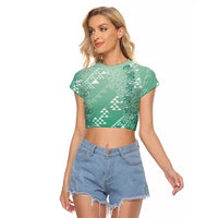 Hawaii Jade Green Kapa Raglan Cropped T Shirt Vintage 'Ohe Kāpala Motifs Mix Plumeria Leis LT7 Female Jade Green - Polynesian Pride