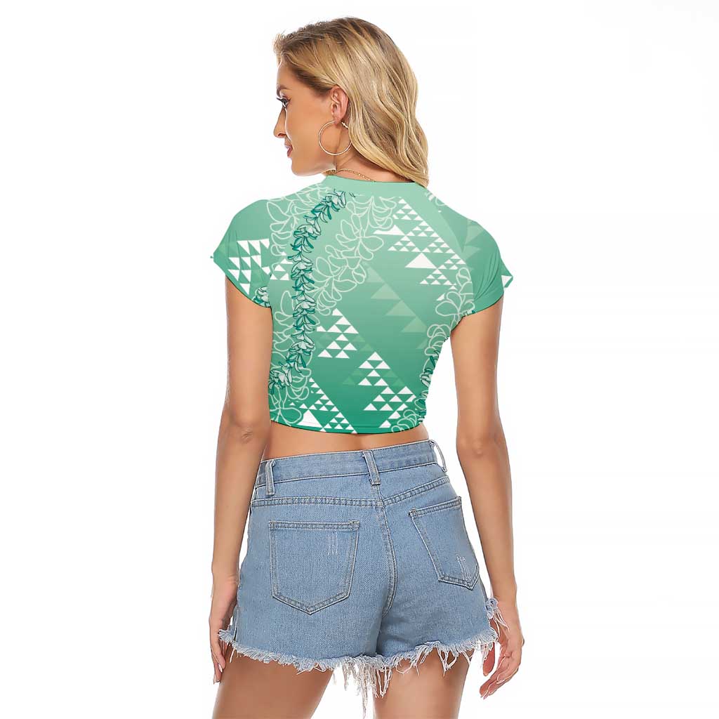 Hawaii Jade Green Kapa Raglan Cropped T Shirt Vintage 'Ohe Kāpala Motifs Mix Plumeria Leis LT7 - Polynesian Pride
